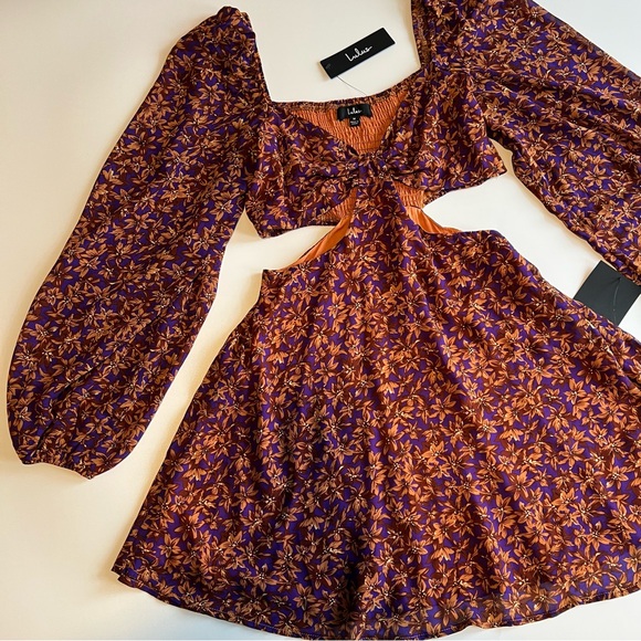 Lulus Purple Floral Print Cutout Long Sleeve Mini Dress Medium Boho Festival - Picture 2 of 13